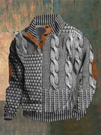 Pull à torsades homme, col montant boutonné, manches longues, gris clair