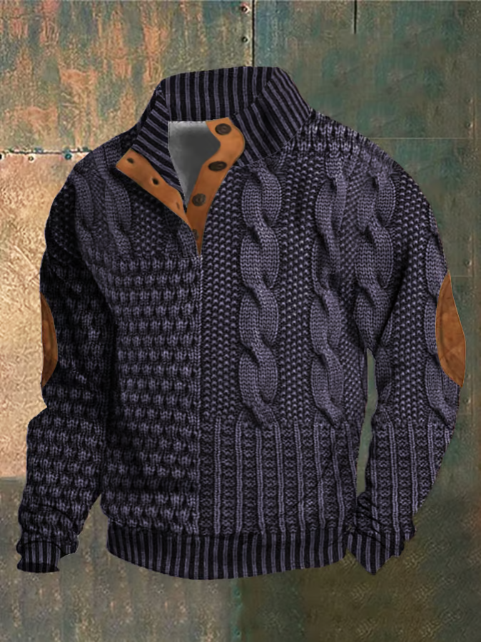 Pull à torsades homme, col montant boutonné, manches longues, mauve