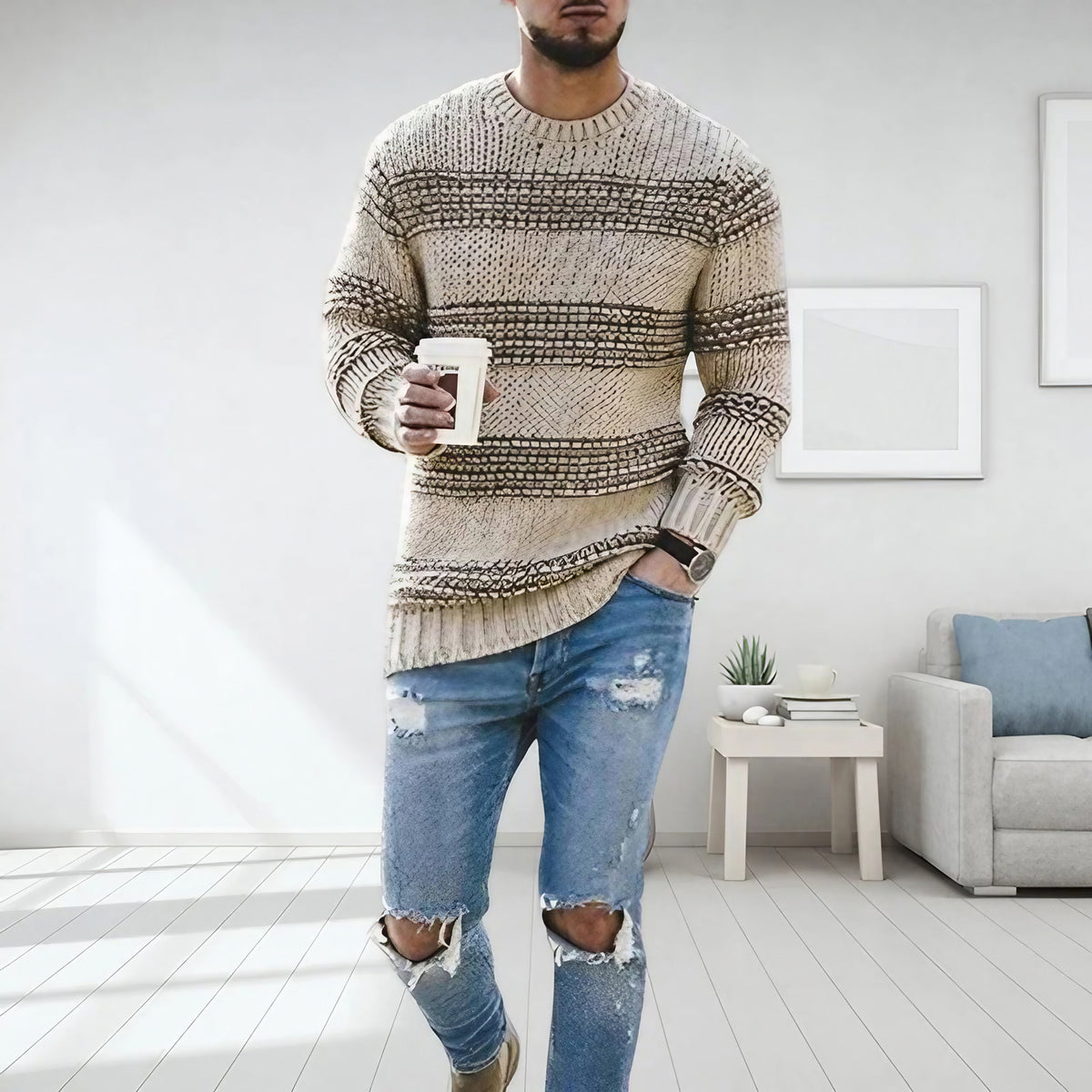 Pull homme de mi-saison, coupe moderne, quatre coloris, kaki