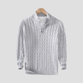 Pull homme col zippé en maille torsadée, coupe ajustée, gris