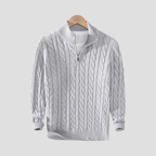 Pull homme col zippé en maille torsadée, coupe ajustée, gris