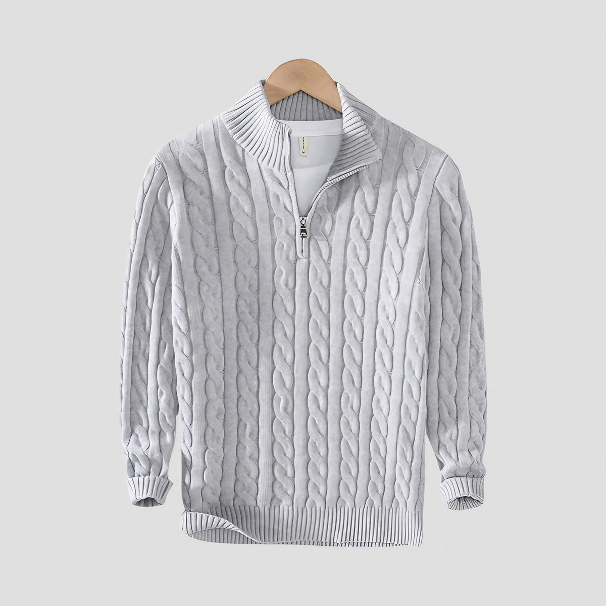 Pull homme col zippé en maille torsadée, coupe ajustée, gris