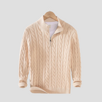 Pull homme col zippé en maille torsadée, coupe ajustée, beige
