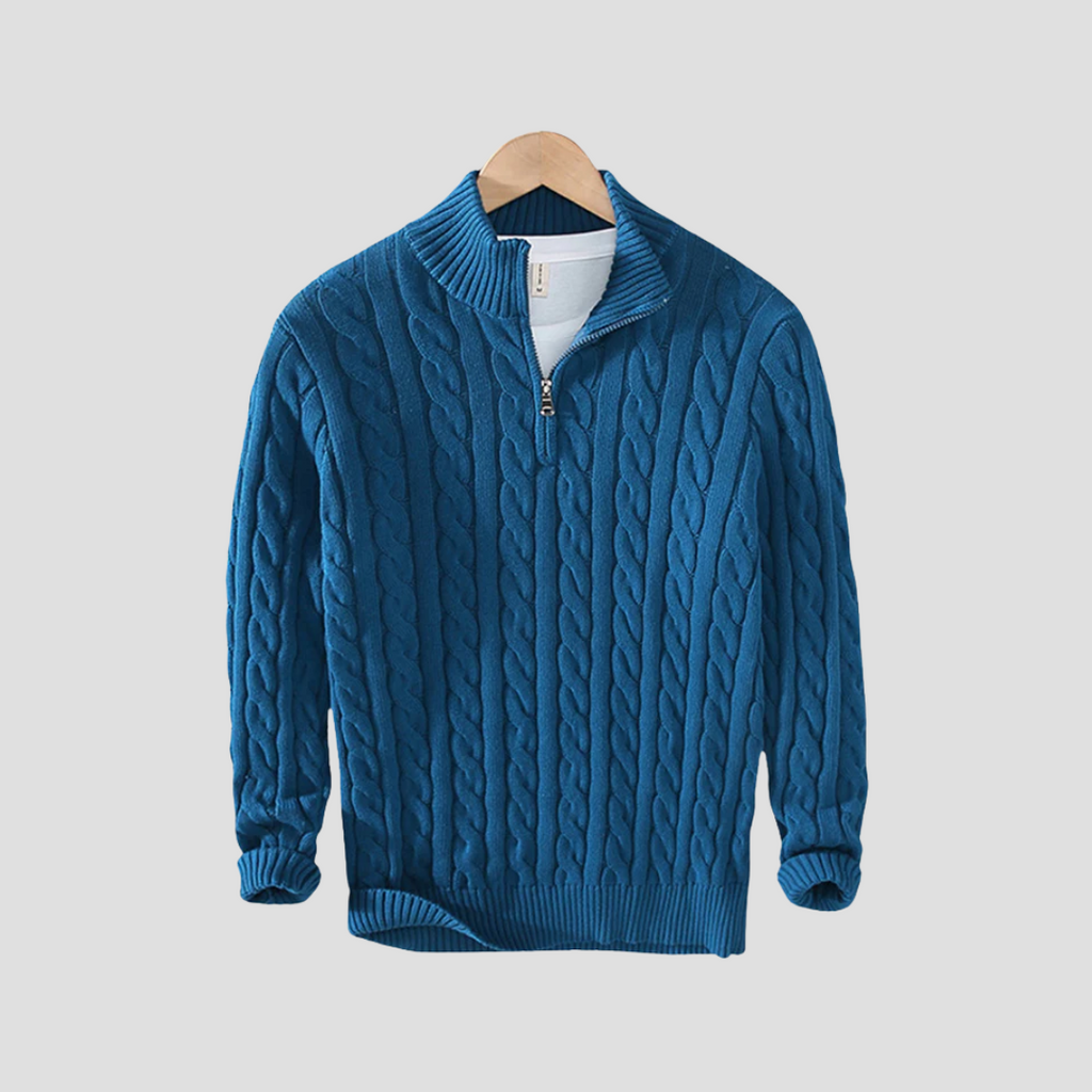 Pull homme col zippé en maille torsadée, coupe ajustée, bleu
