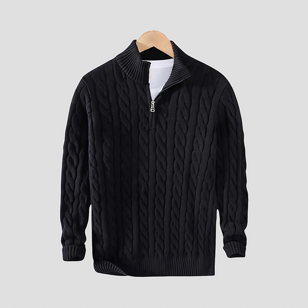 Pull homme col zippé en maille torsadée, coupe ajustée, noir