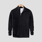 Pull homme col zippé en maille torsadée, coupe ajustée, noir
