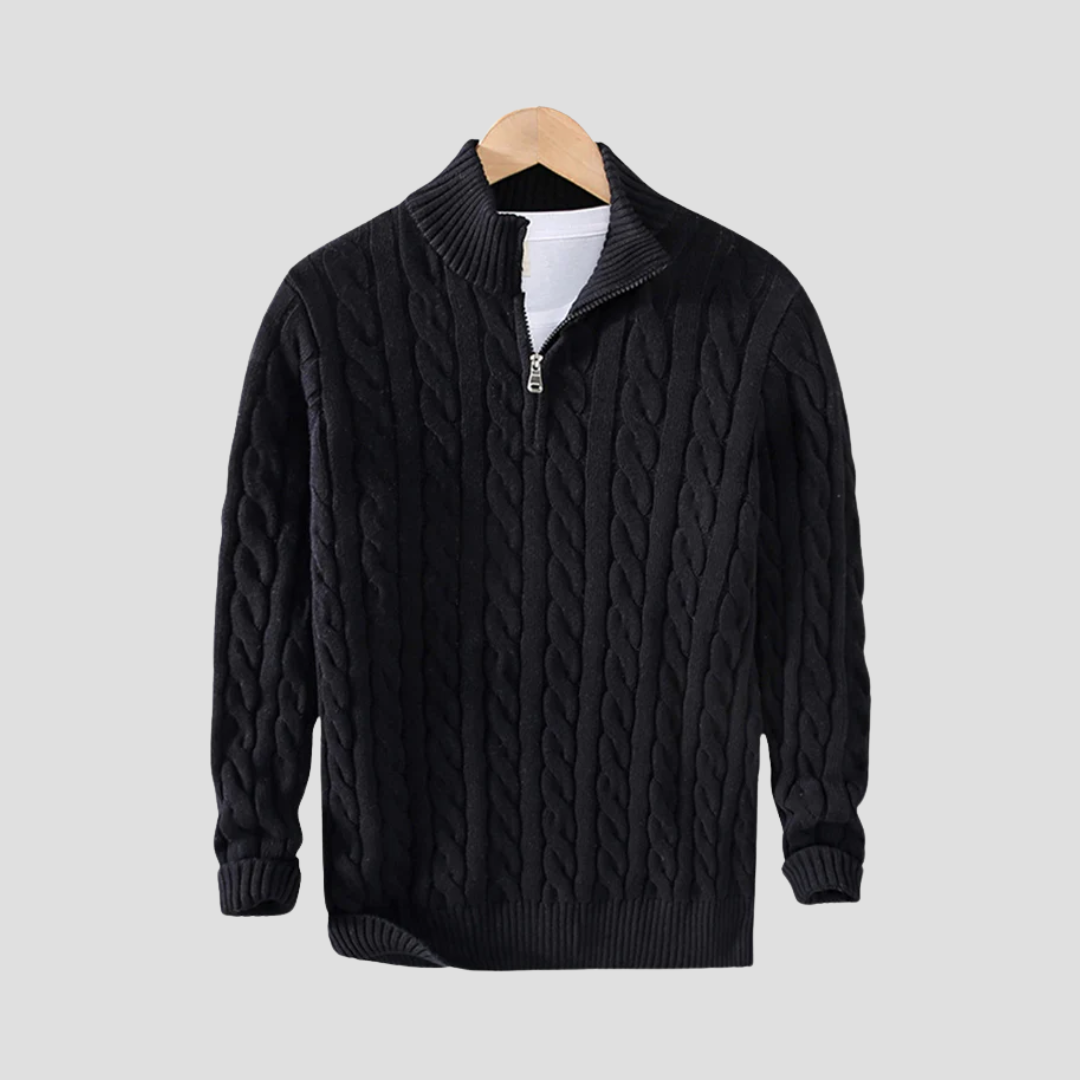 Pull homme col zippé en maille torsadée, coupe ajustée, noir