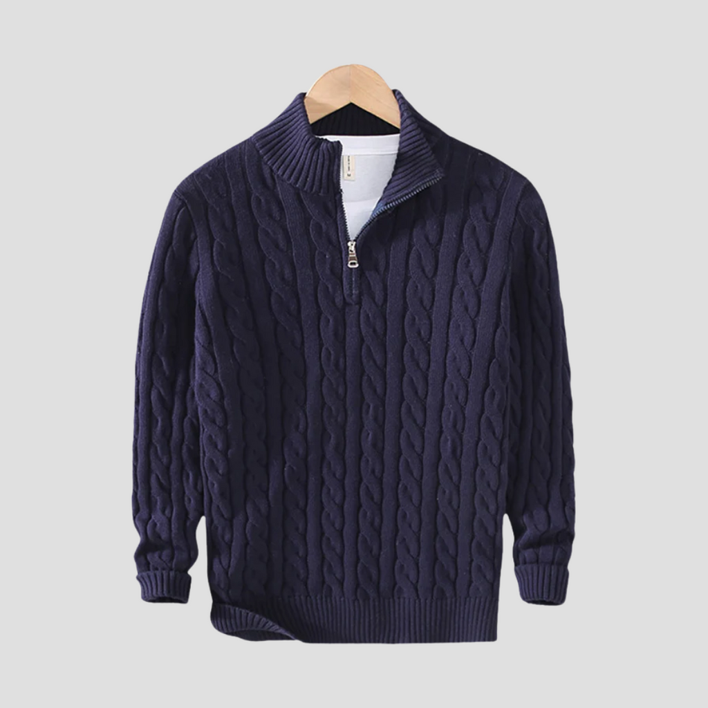 Pull homme col zippé en maille torsadée, coupe ajustée, bleu marine