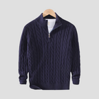 Pull homme col zippé en maille torsadée, coupe ajustée, bleu marine