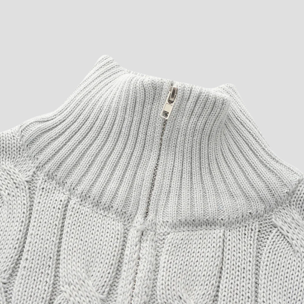 Pull homme col zippé en maille torsadée, coupe ajustée