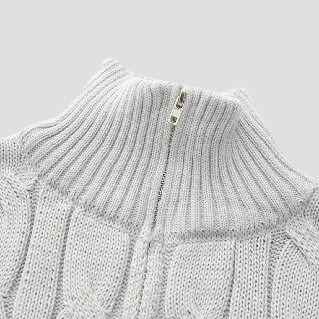 Pull homme col zippé en maille torsadée, coupe ajustée