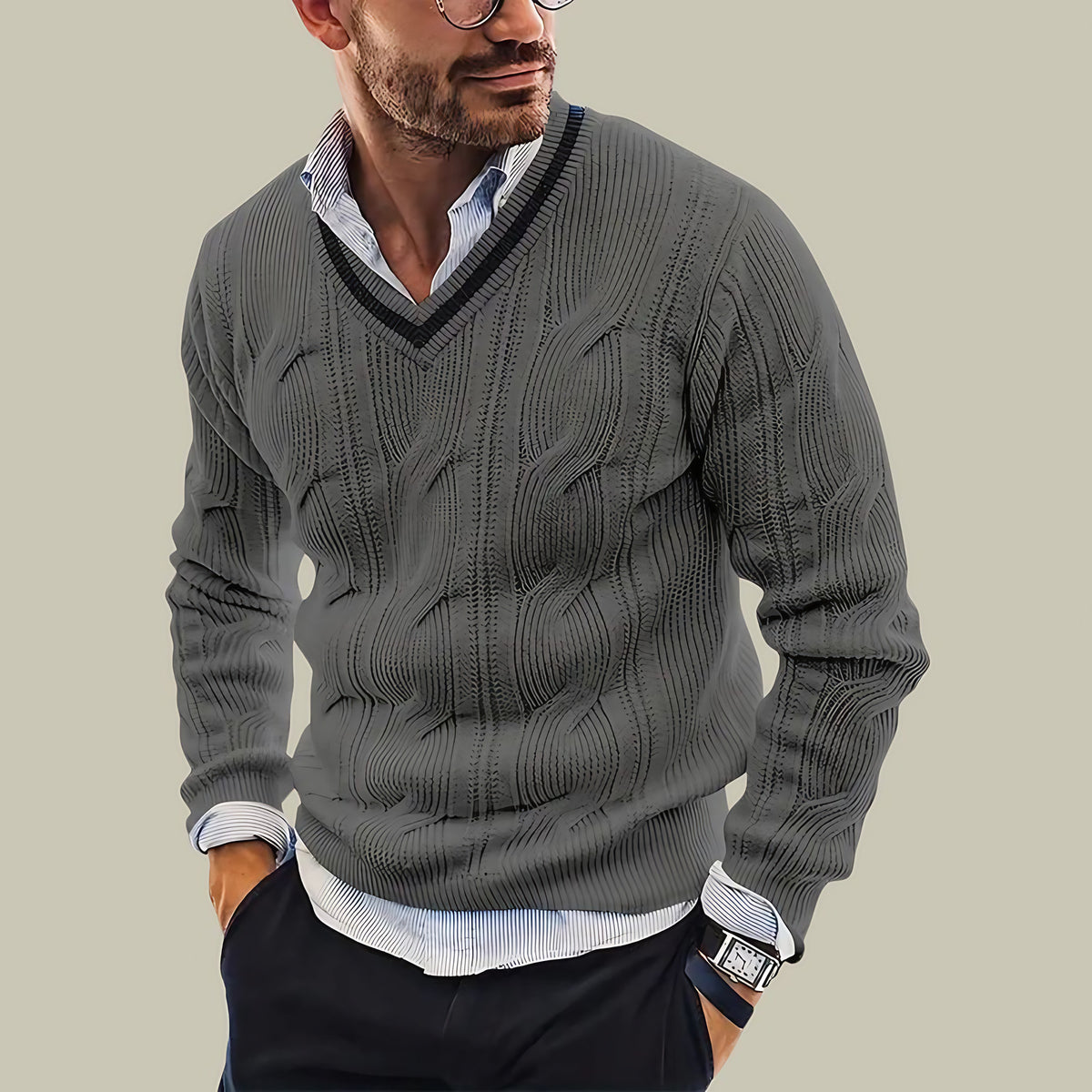 Pull en maille douce homme, coupe soignée, quatre coloris, gris