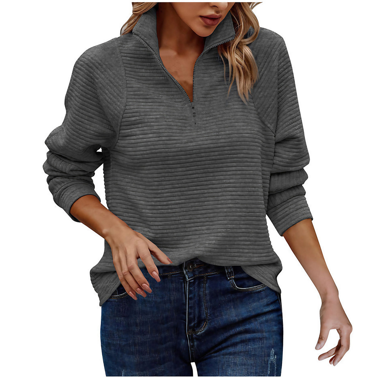 Pull femme à demi-zip, dix coloris, du S au 2XL, gris foncé