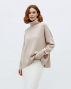 Pull col roulé oversize femme, maille d'inspiration vintage, beige
