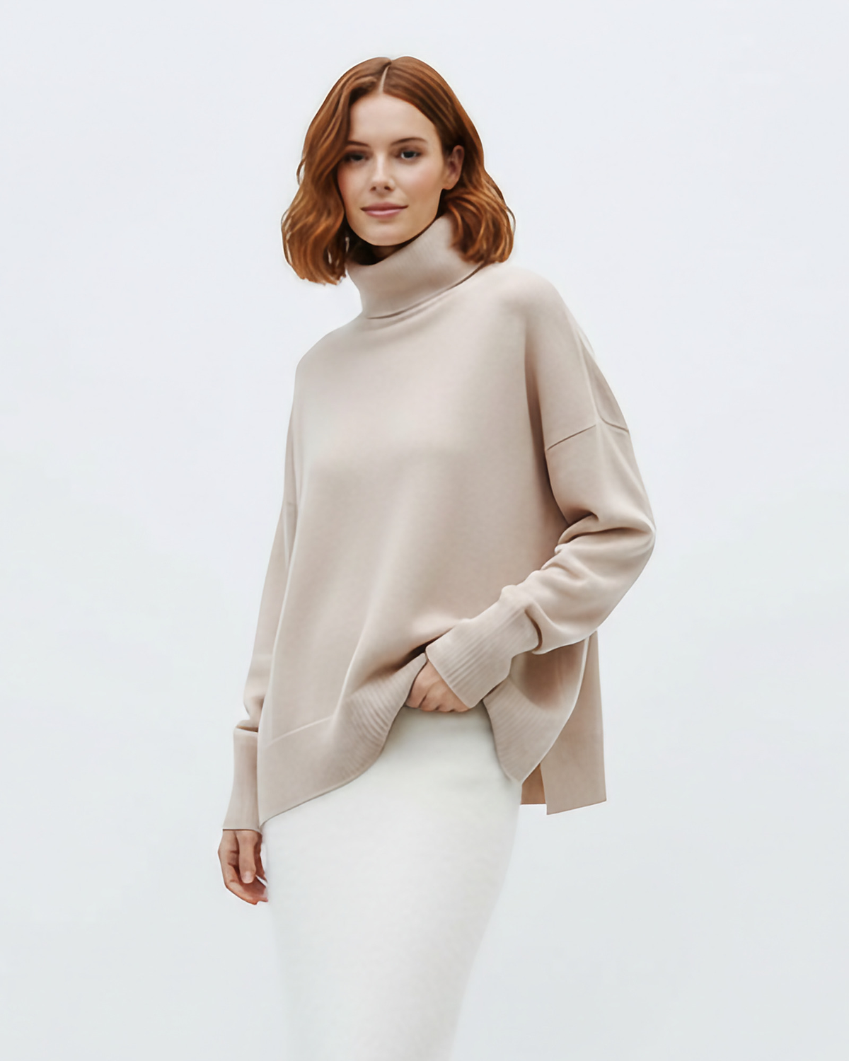 Pull col roulé oversize femme, maille d'inspiration vintage, beige