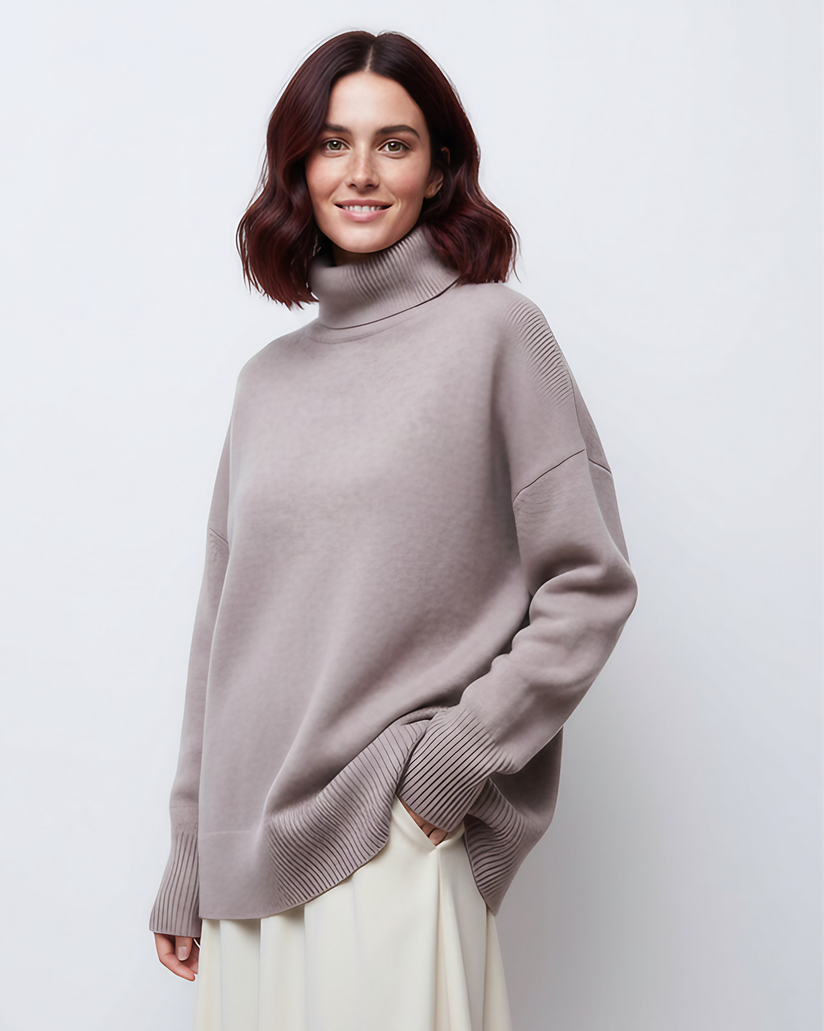 Pull col roulé oversize femme, maille d'inspiration vintage, gris