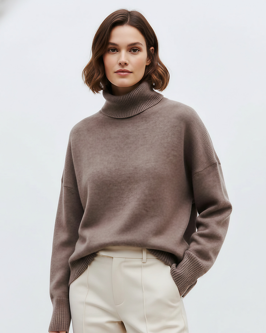 Pull col roulé oversize femme, maille d'inspiration vintage, kaki