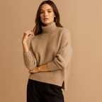 Pull oversize à col roulé femme, beige, kaki ou gris, du S au XL, kaki