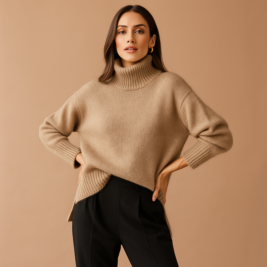 Pull oversize à col roulé femme, beige, kaki ou gris, du S au XL