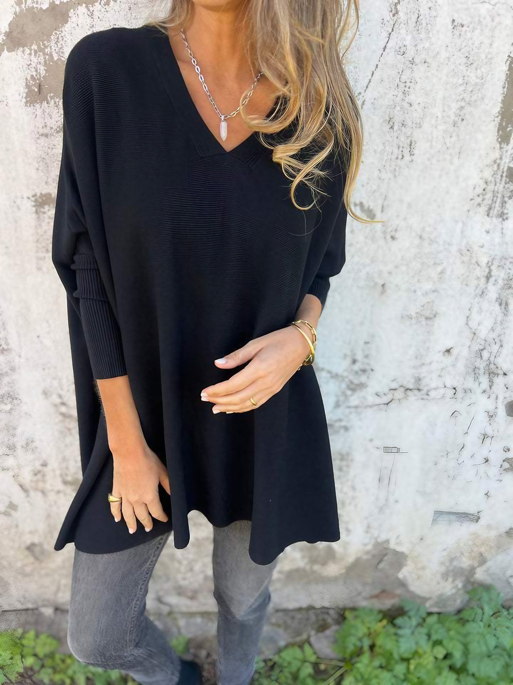 Pull en maille oversize femme col V, huit coloris, du S au 5XL, noir