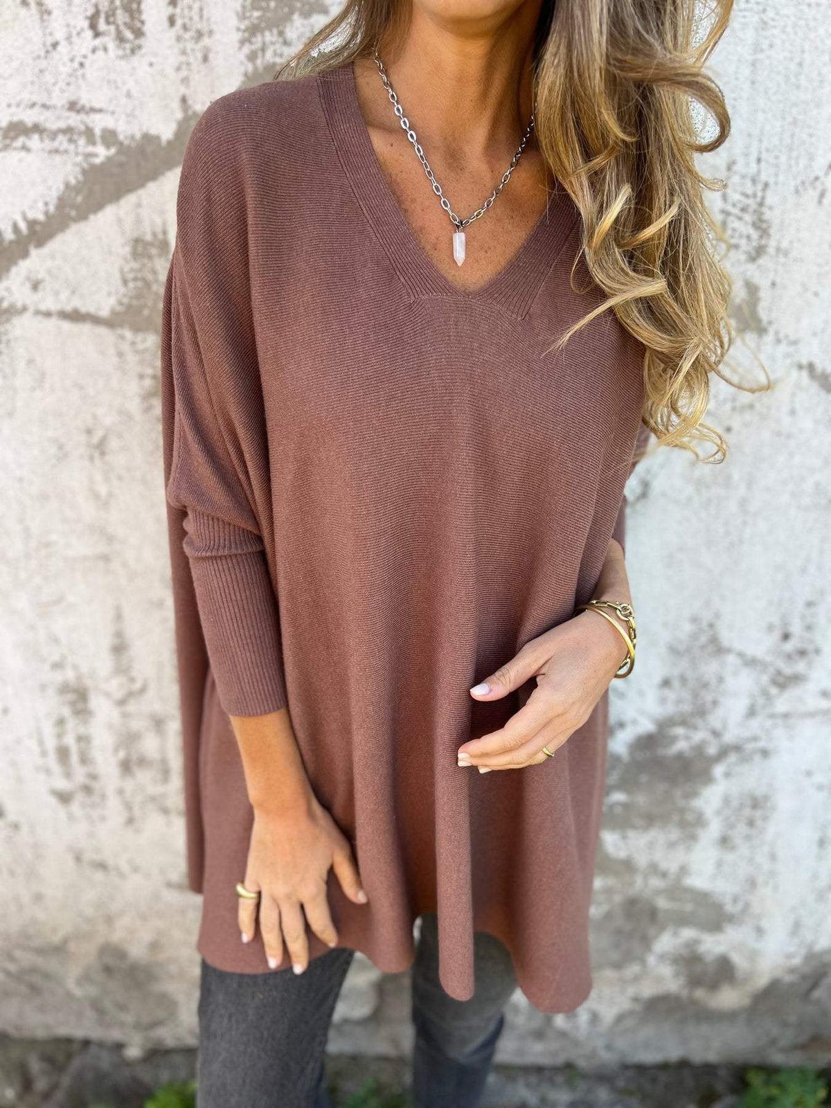 Pull en maille oversize femme col V, huit coloris, du S au 5XL, marron