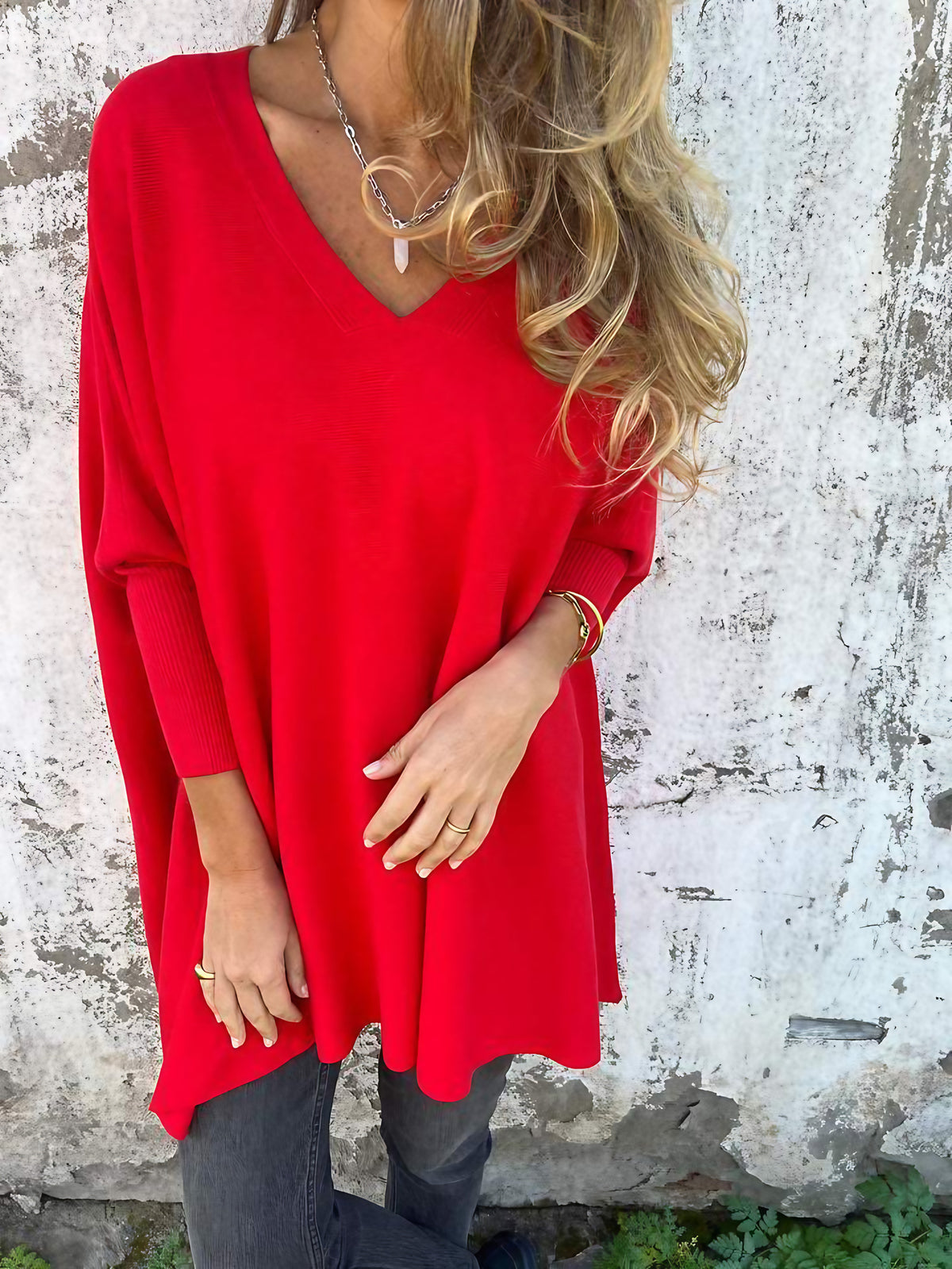 Pull en maille oversize femme col V, huit coloris, du S au 5XL, rouge