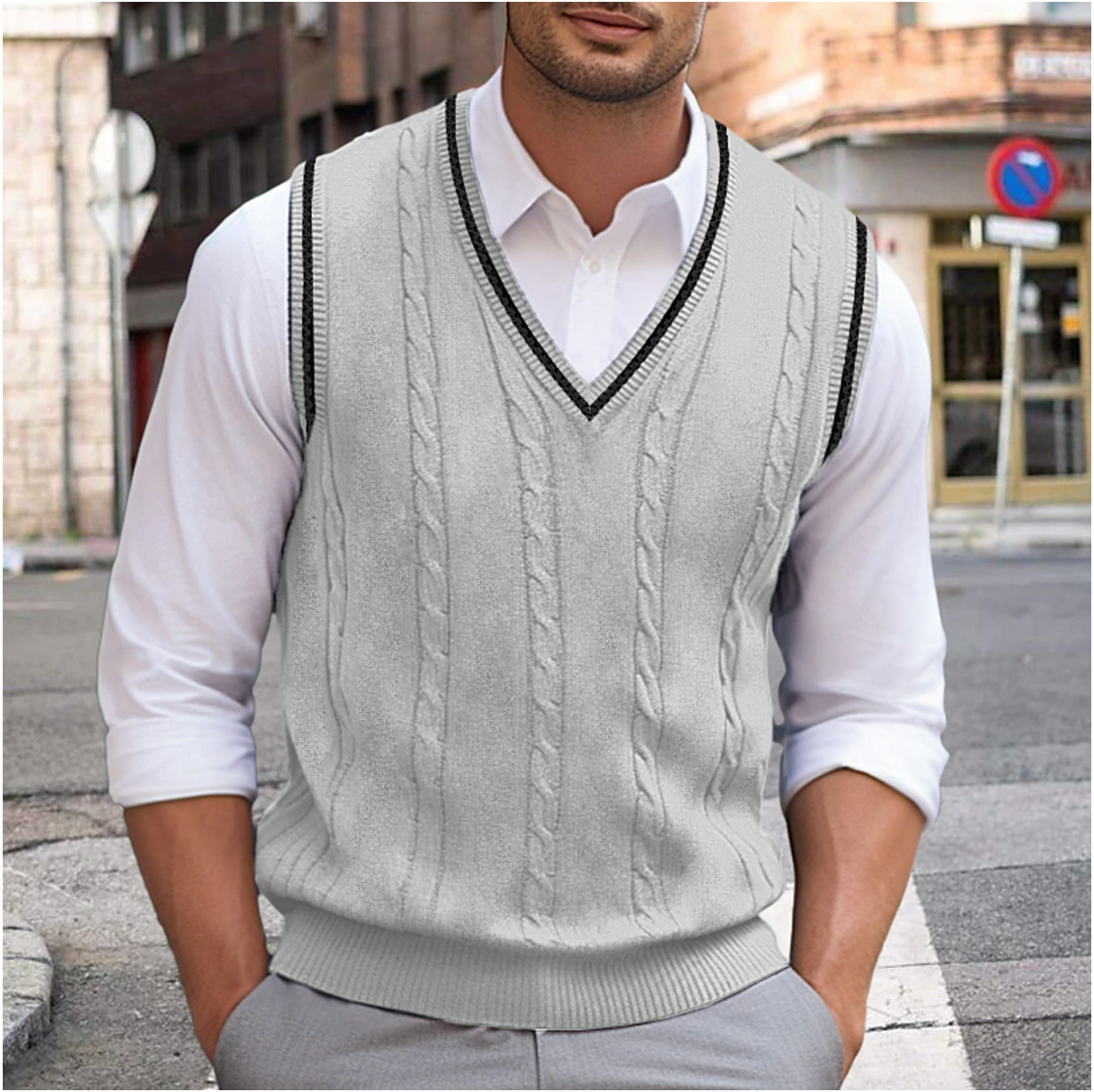 Pull sans manches homme à col V, coupe cintrée, cinq coloris, gris clair