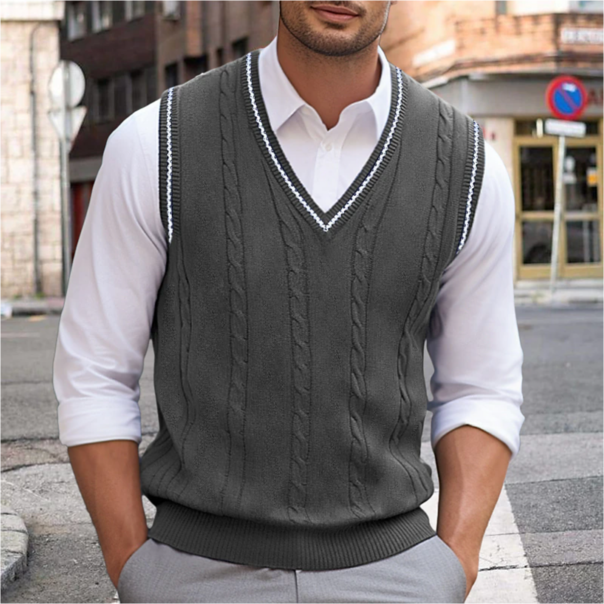 Pull sans manches homme à col V, coupe cintrée, cinq coloris, gris foncé