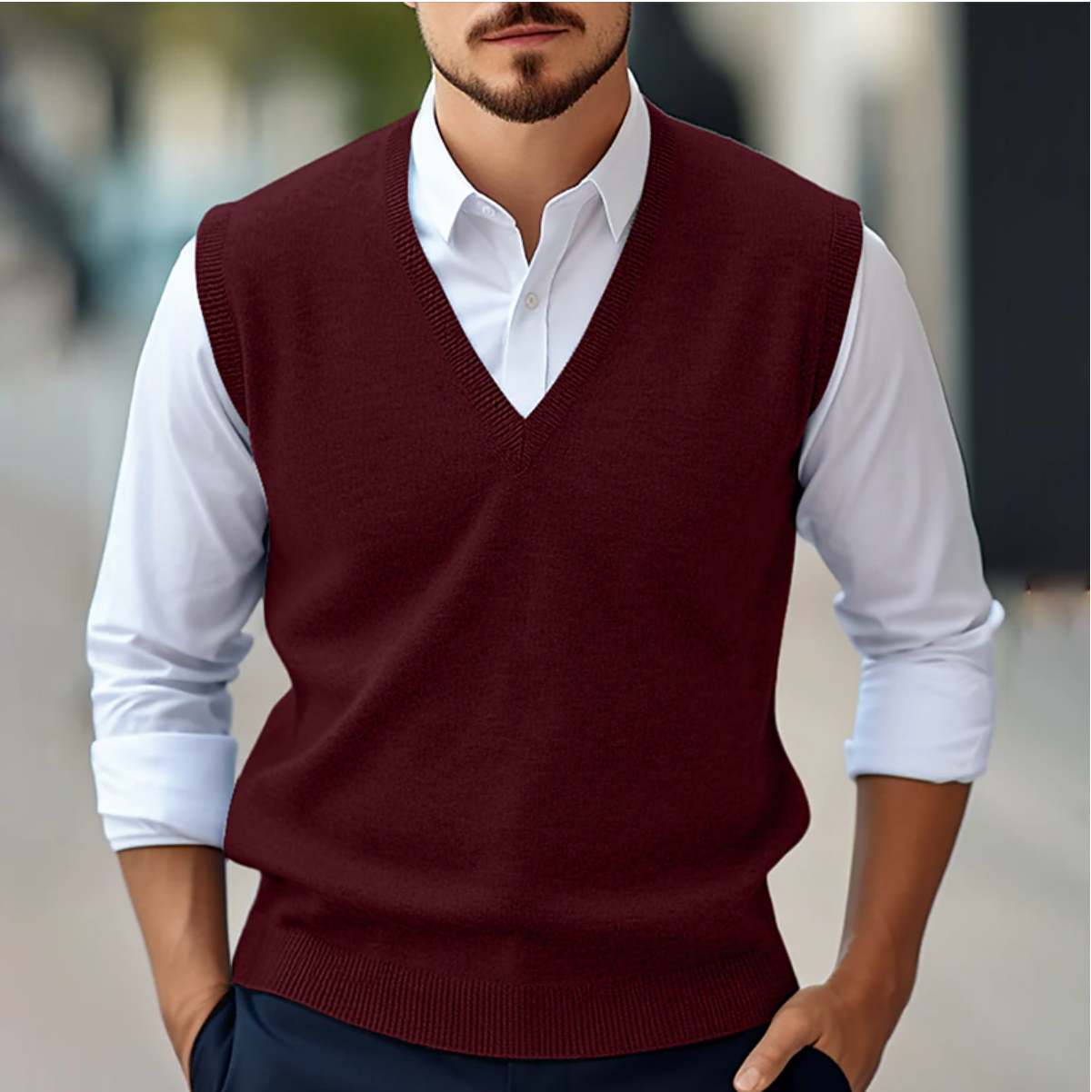 Pull sans manches homme en maille fine, col V côtelé, S au 2XL, bordeaux