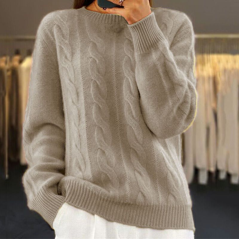 Pull torsadé femme col rond, coupe légèrement ample, six coloris, kaki