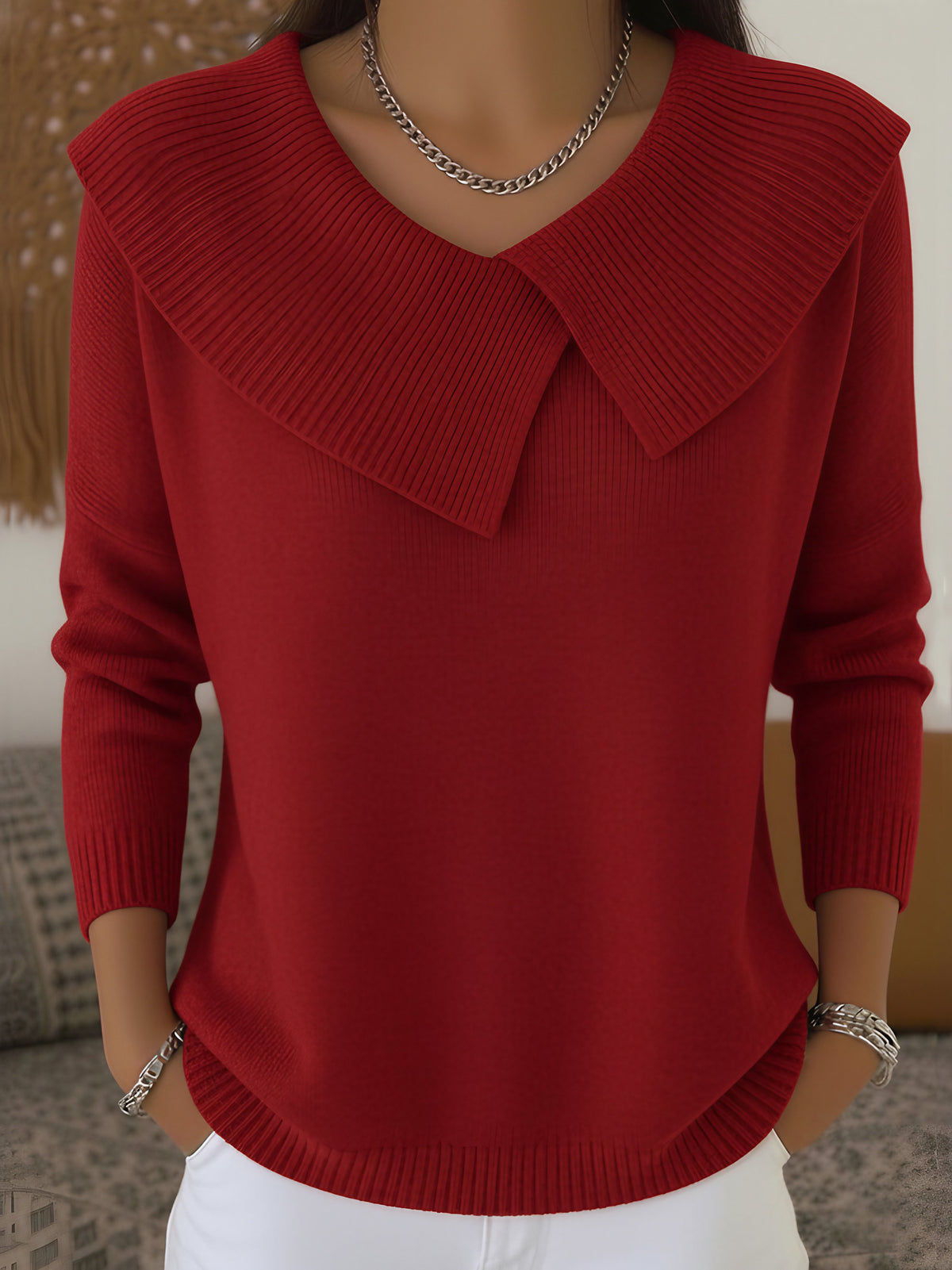 Pull en maille femme à col côtelé, cinq coloris, du S au 3XL, rouge