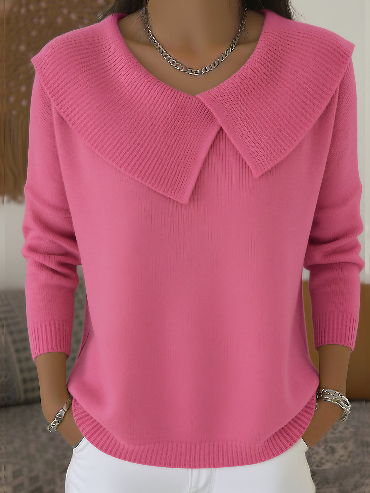 Pull en maille femme à col côtelé, cinq coloris, du S au 3XL, rose