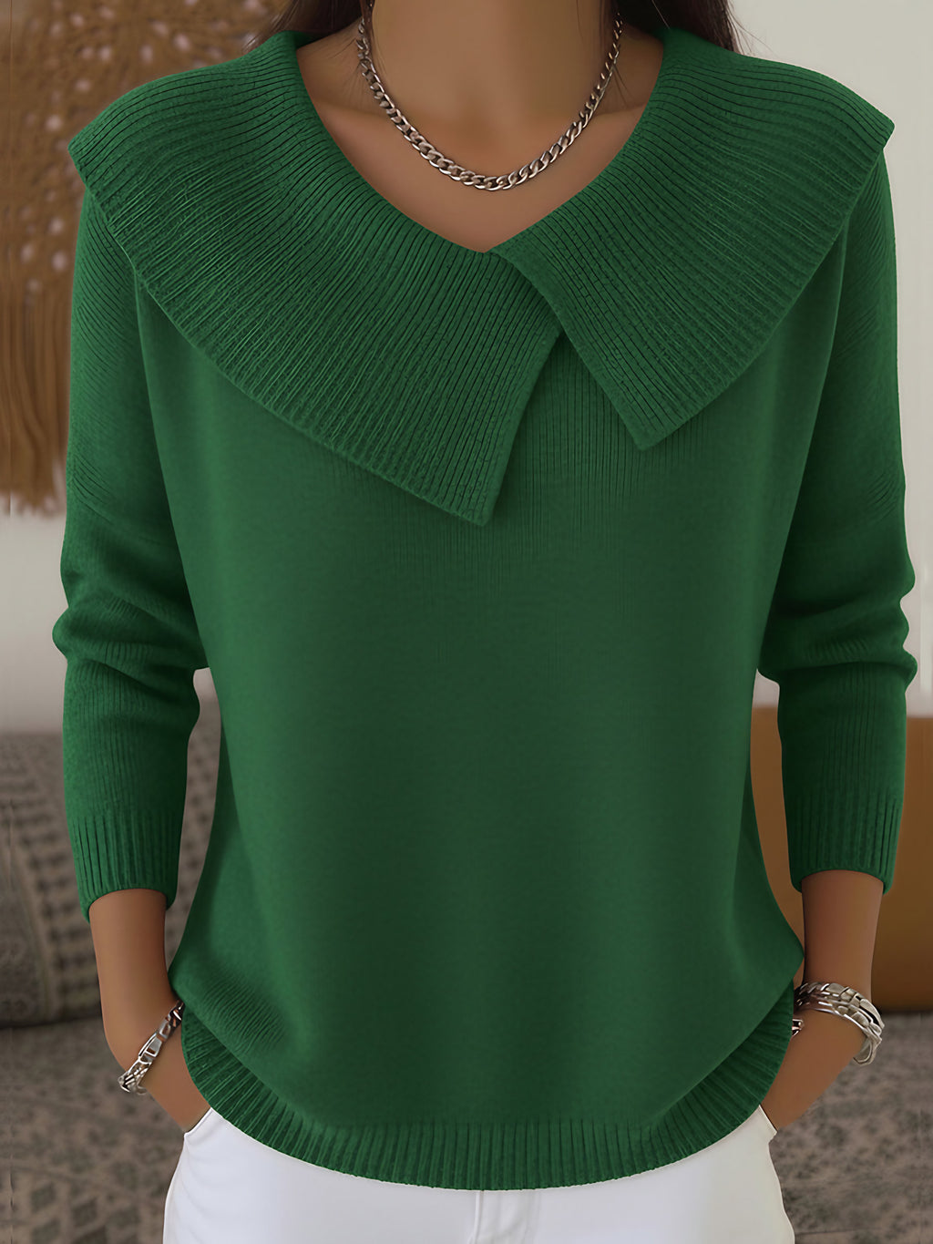 Pull en maille femme à col côtelé, cinq coloris, du S au 3XL, vert