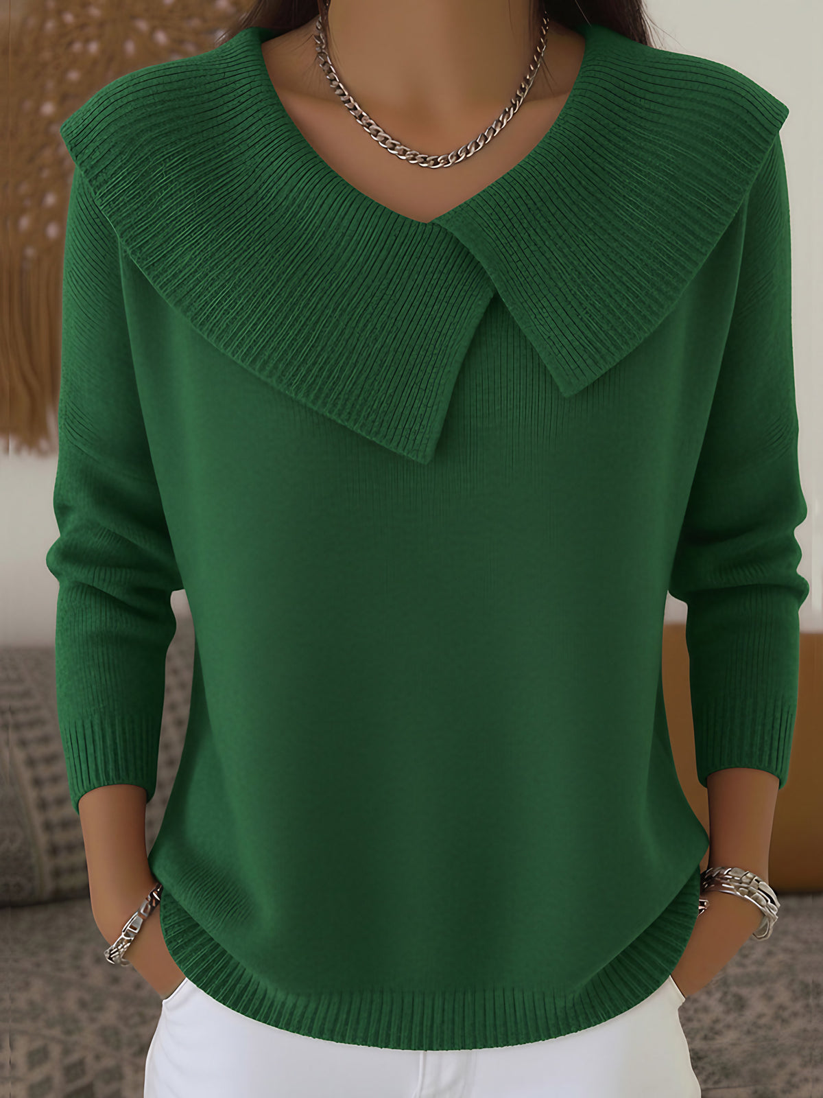 Pull en maille femme à col côtelé, cinq coloris, du S au 3XL, vert