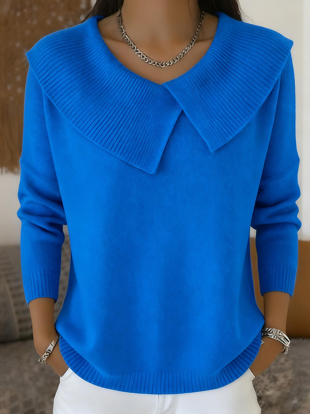 Pull en maille femme à col côtelé, cinq coloris, du S au 3XL, bleu roi