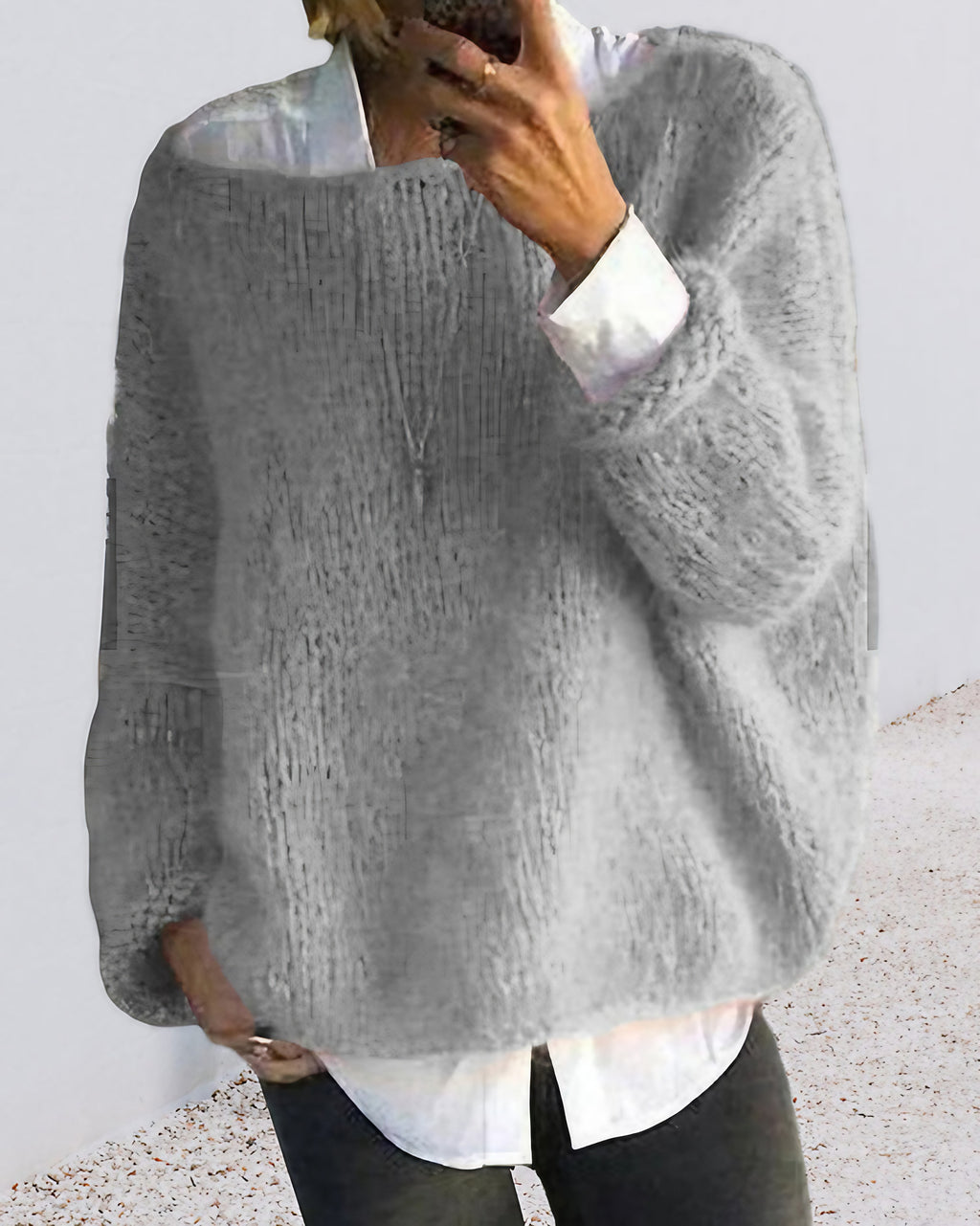 Pull en maille femme épaules dénudées, manches longues côtelées, gris