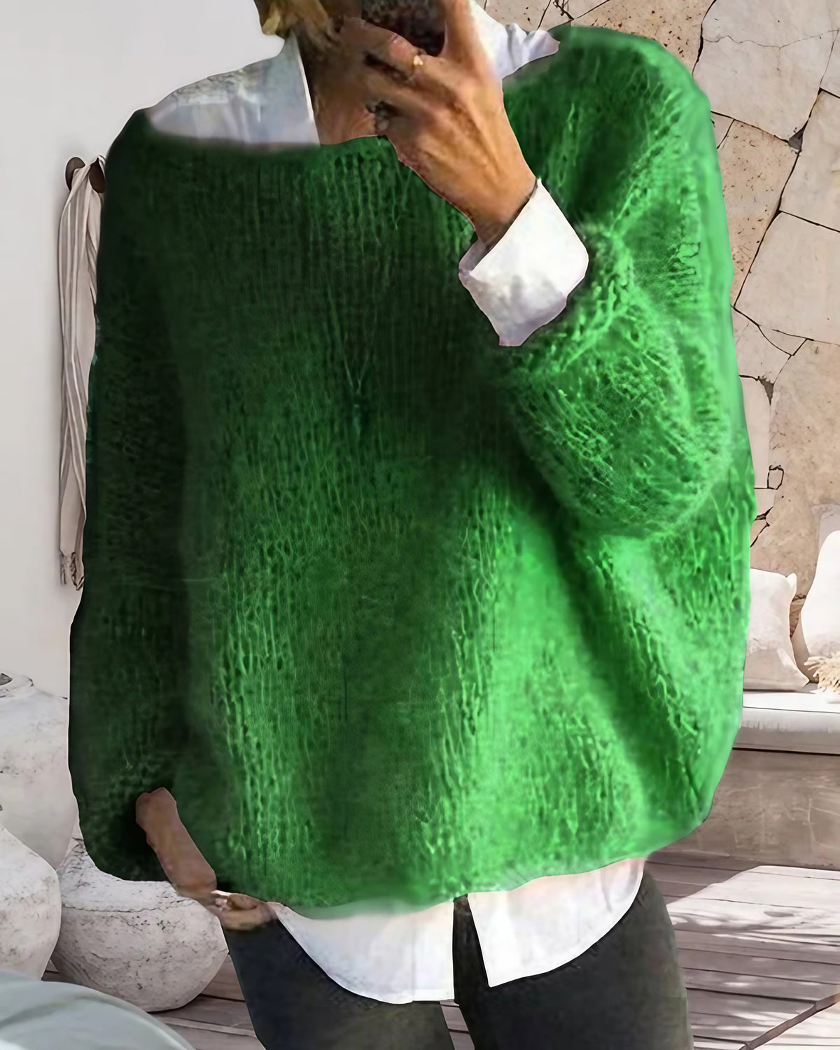 Pull en maille femme épaules dénudées, manches longues côtelées, vert