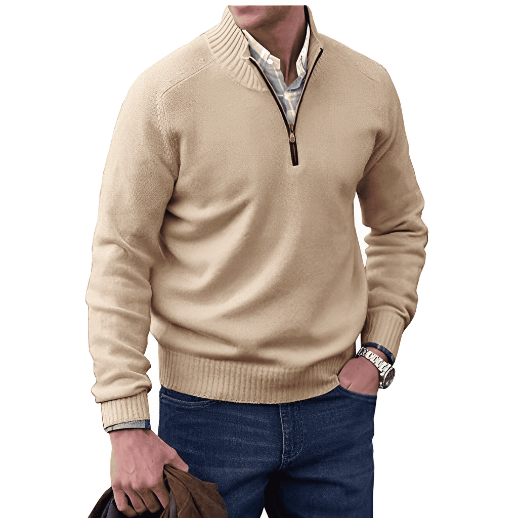 Pull zippé homme col montant, demi-zip, dix coloris, beige