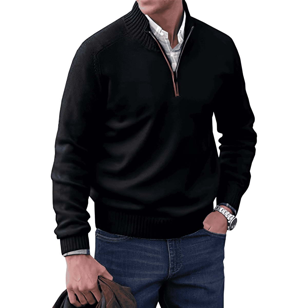Pull zippé homme col montant, demi-zip, dix coloris, noir