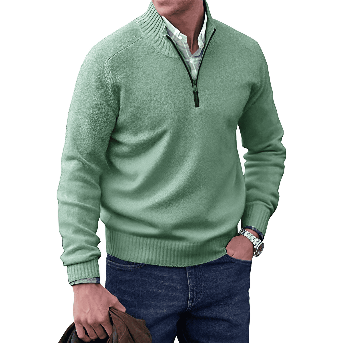 Pull zippé homme col montant, demi-zip, dix coloris, vert