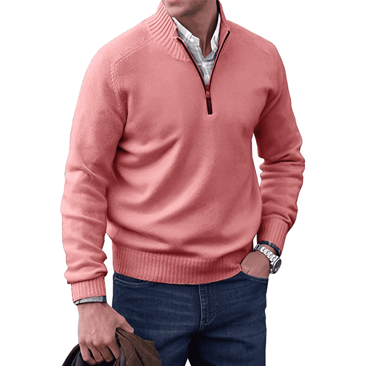 Pull zippé homme col montant, demi-zip, dix coloris, rose