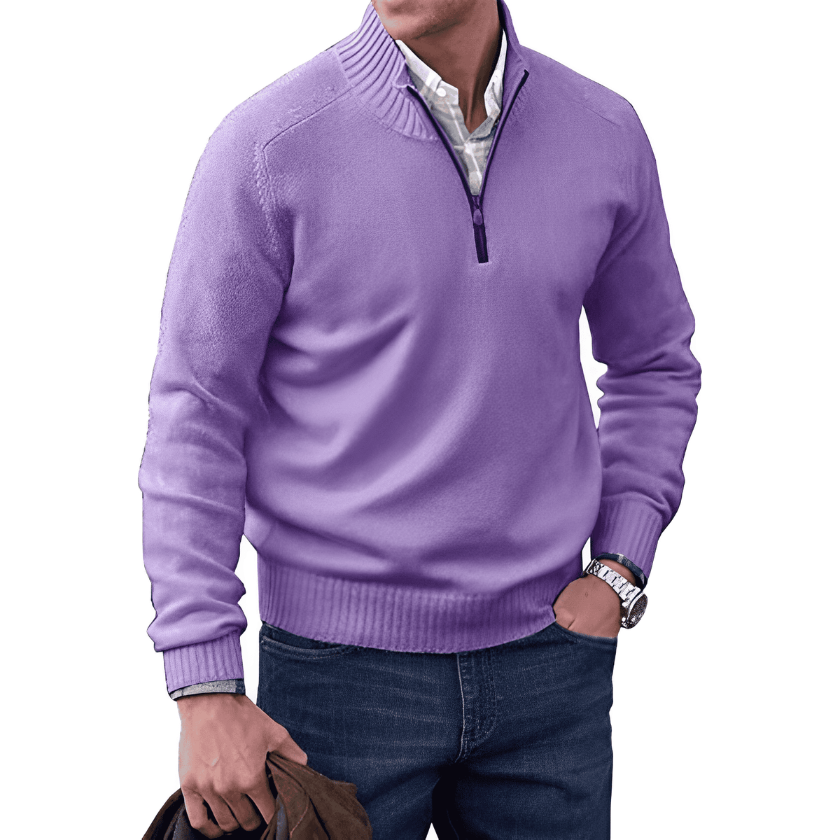 Pull zippé homme col montant, demi-zip, dix coloris, mauve