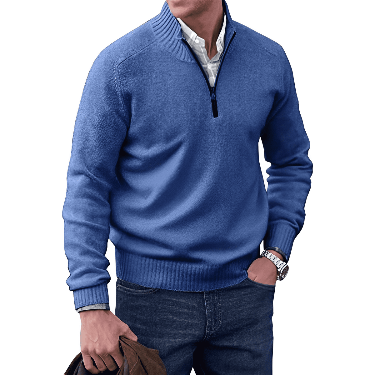 Pull zippé homme col montant, demi-zip, dix coloris, bleu