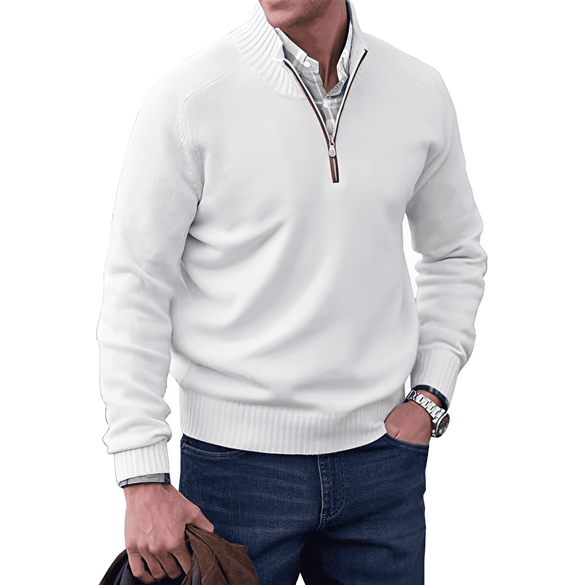 Pull zippé homme col montant, demi-zip, dix coloris, blanc