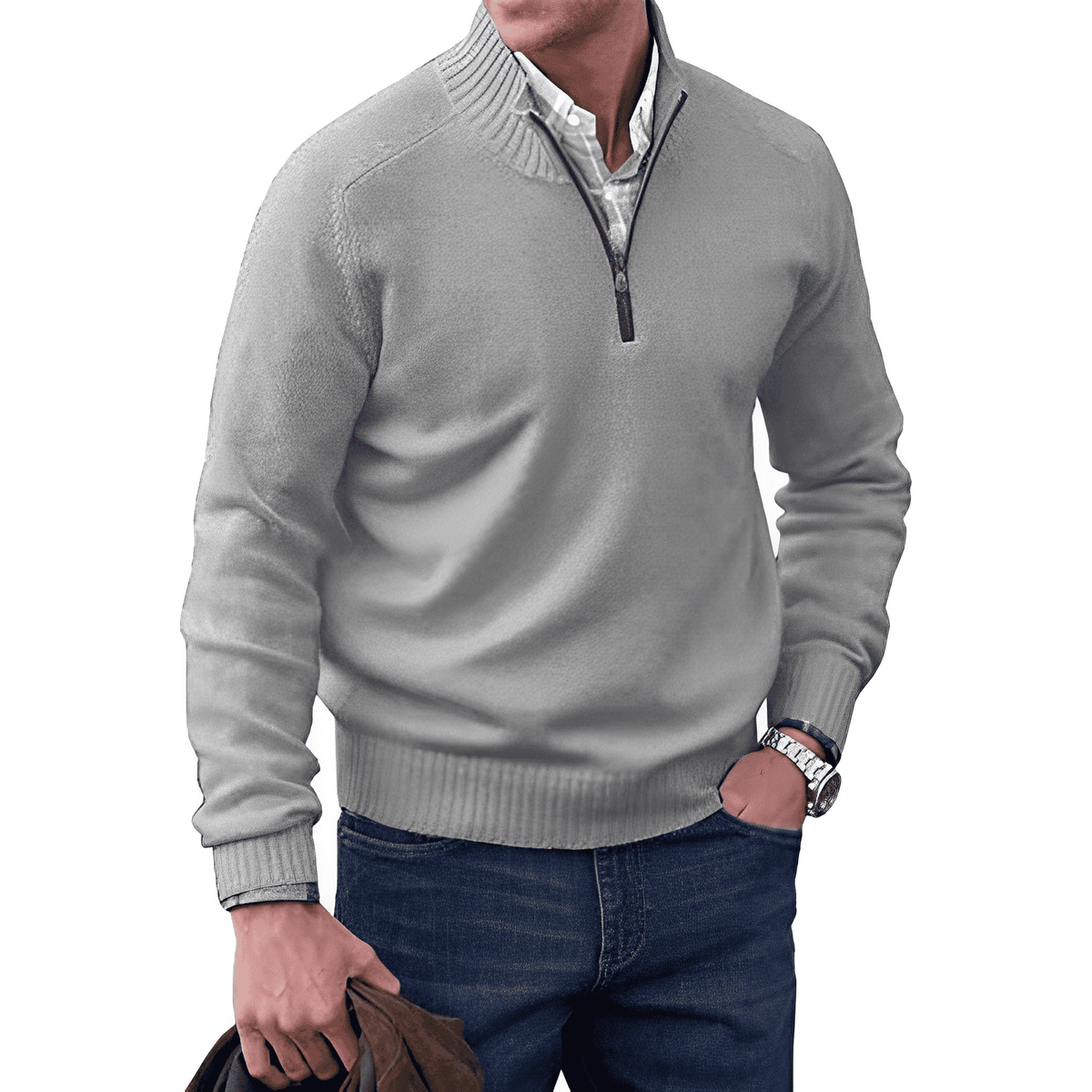 Pull zippé homme col montant, demi-zip, dix coloris, gris clair