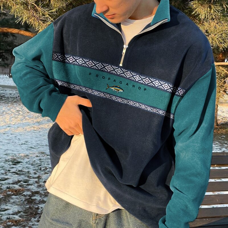 Pull zippé homme rétro, automne hiver, du XS au 4XL, bleu
