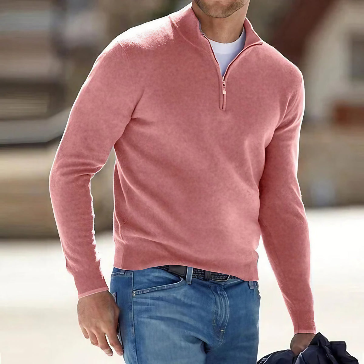 Pull homme col zippé, poignets côtelés, neuf coloris, rose