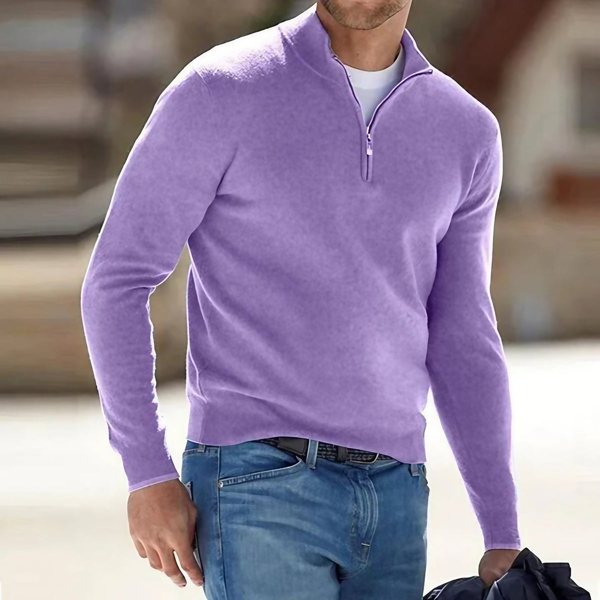 Pull homme col zippé, poignets côtelés, neuf coloris, violet