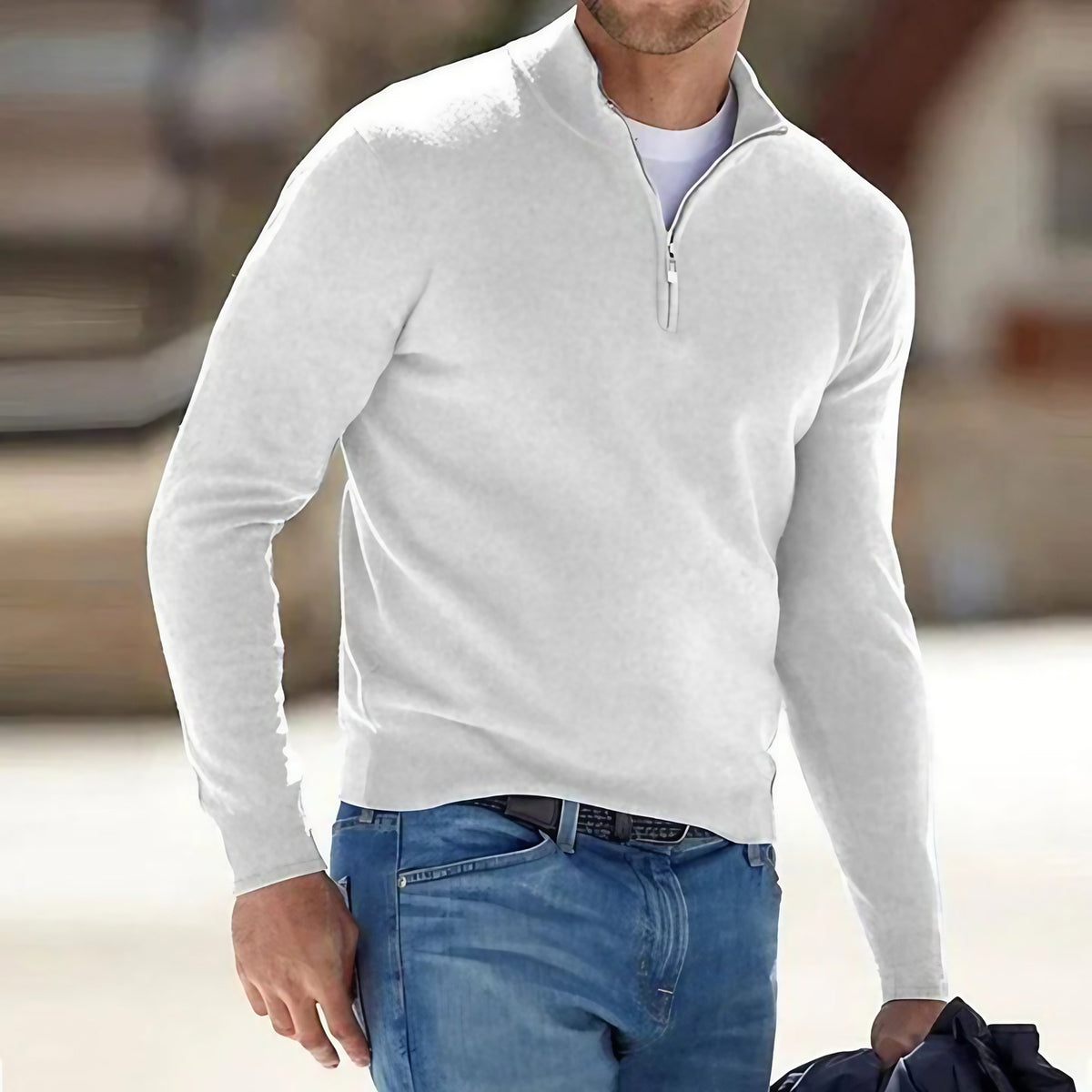 Pull homme col zippé, poignets côtelés, neuf coloris, blanc