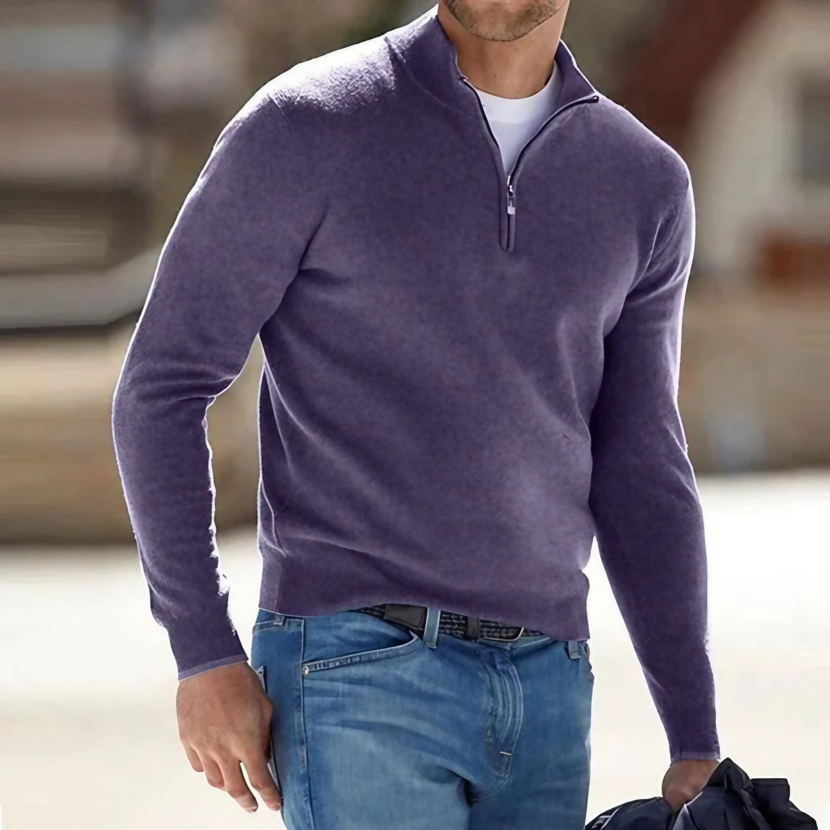Pull homme col zippé, poignets côtelés, neuf coloris, violet foncé